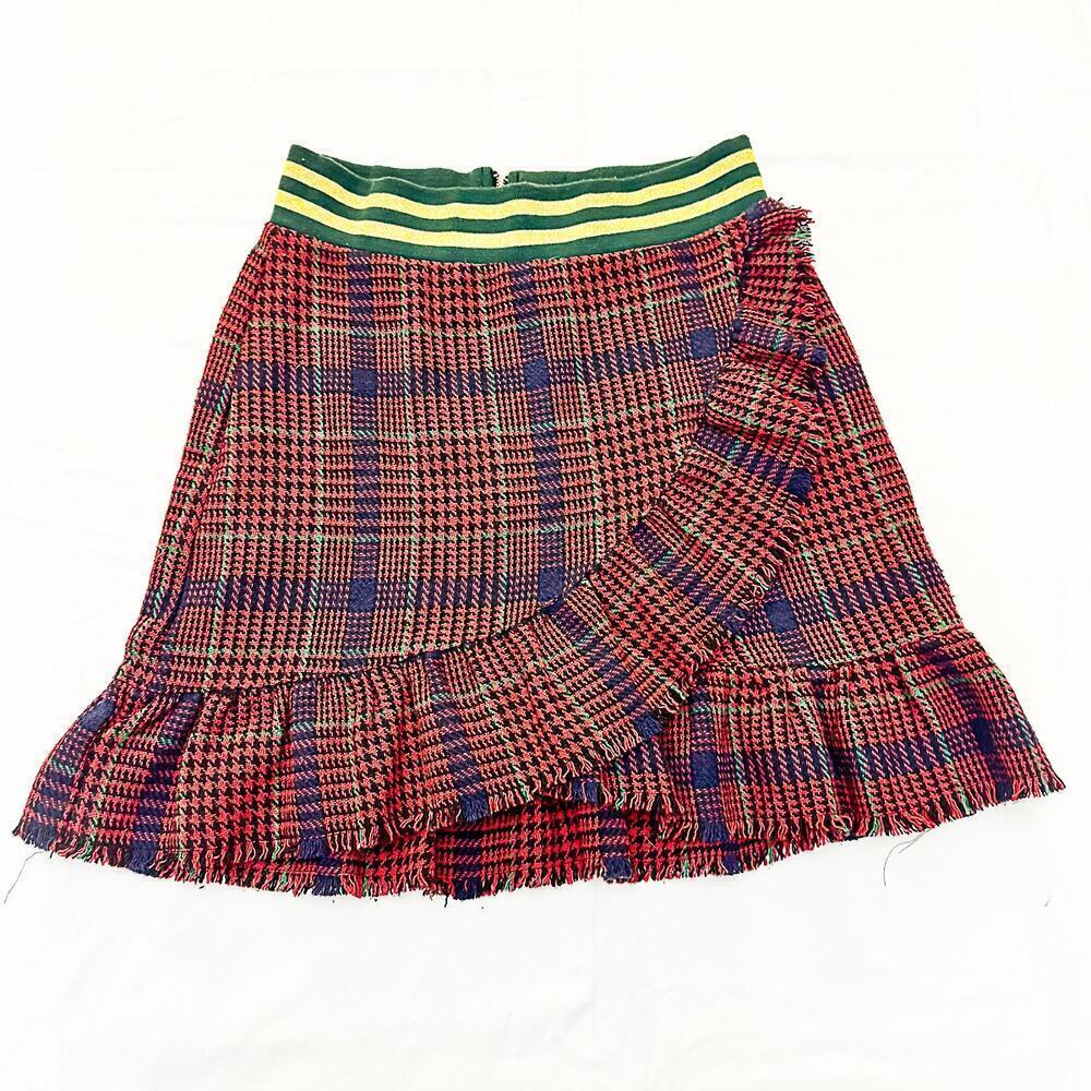 JOA Banded Ruffled Hem Detail Short Patterned Tartan Plaid Skirt Size Small
